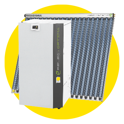 Pelletskessel und Vakuumröhrenkollektor mit gelbem Kreis im Hintergrund