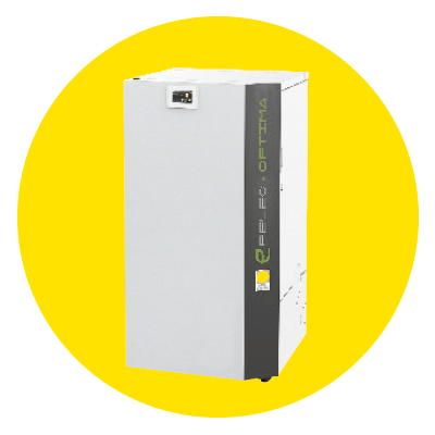 Pelletskessel der Marke Paradigma mit gelbem Kreis im Hintergrund