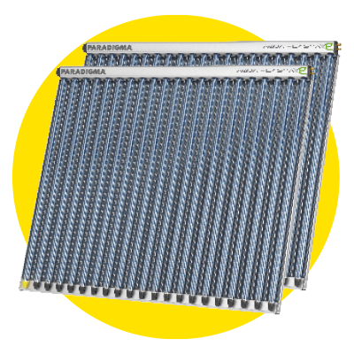 VAkuumröhrenkollektor der Marke Paradigma mit gelbem Kreis im Hintergrund