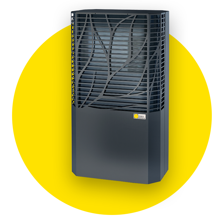 Wärmepumpe der Marke Paradigma mit gelbem Kreis im Hintergrund