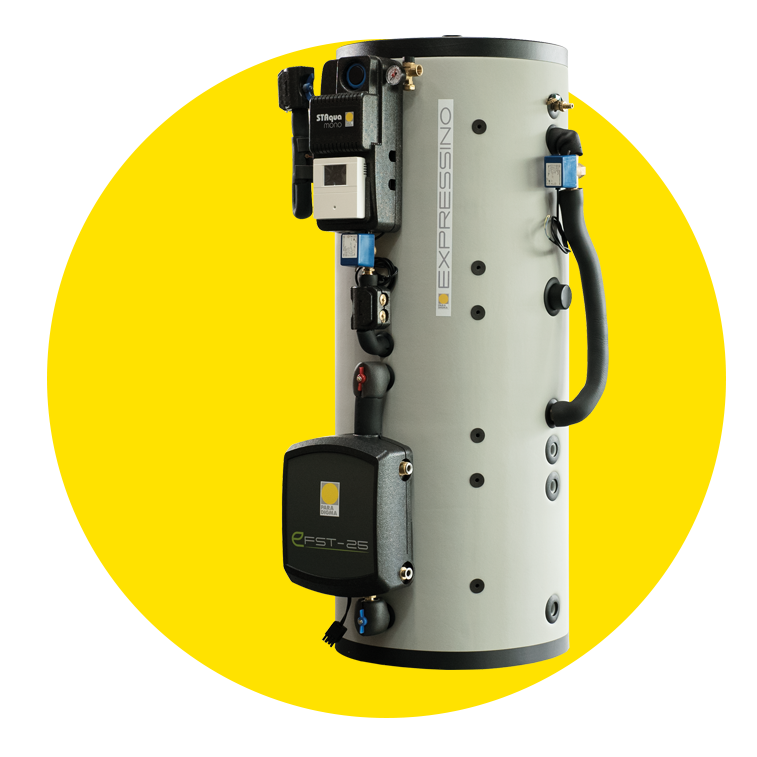 Frischwasserspeicher EXPRESSINO auf einem gelben Kreis von der Marke Paradigma