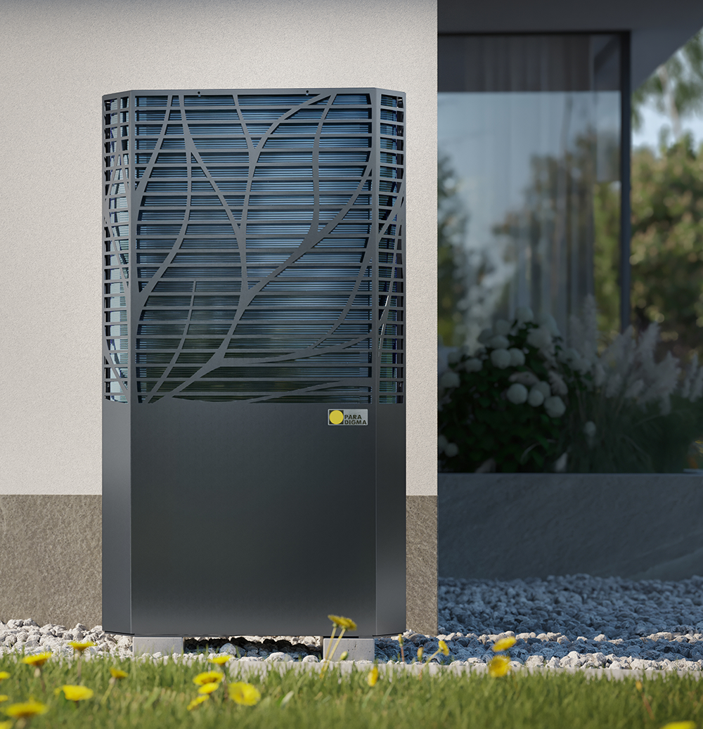Wärmepumpe WP Aero Calima von der Marke Paradigma vor einem Gebäude