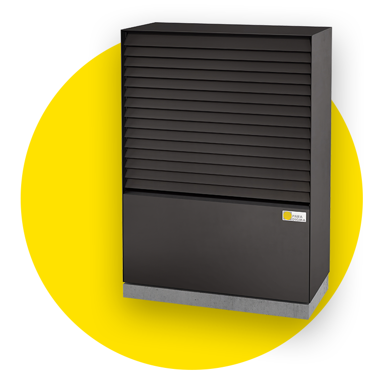 Wärmepumpe WP Aero Marin von der Marke Paradigma auf einem gelben Kreis