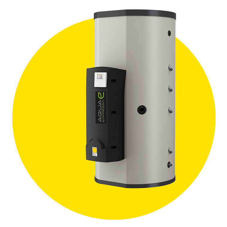 Frischwasser-Pufferspeicher Aqua EXPRESSO III auf einem gelben Kreis von der Marke Paradigma