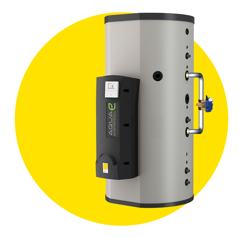 Frischwasserspeicher Aqua EXPRESSO III auf einem gelben Kreis von der Marke Paradigma